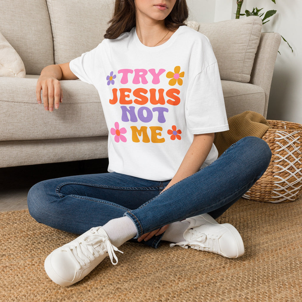 Try Jesus Not Me T-Shirt — Retro Floral Christian Tee