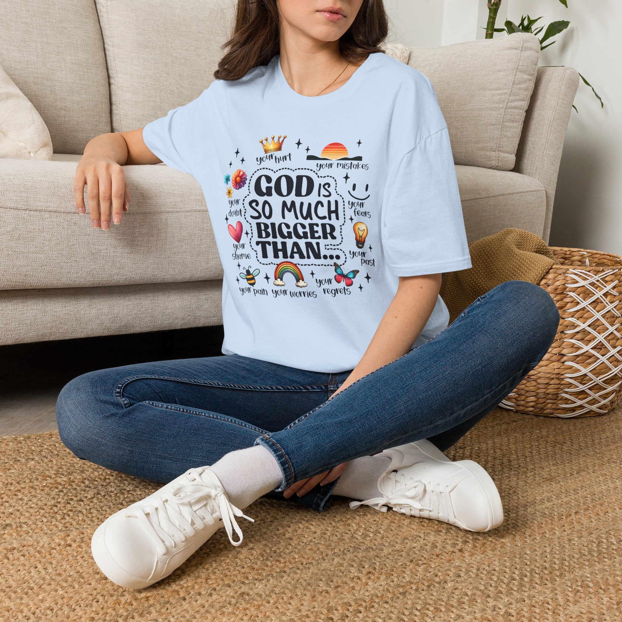 God Is So Much Bigger Than… T‑Shirt — Inspirational Christian Faith Tee with Cute Icons
