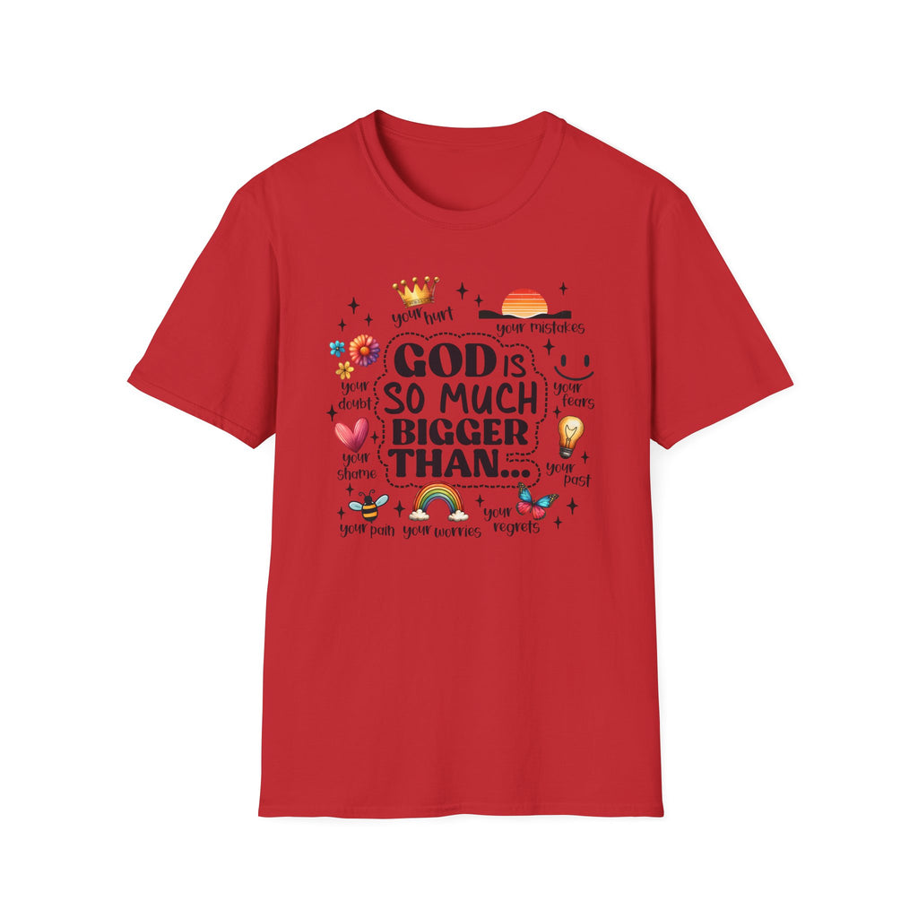 God Is So Much Bigger Than… T‑Shirt — Inspirational Christian Faith Tee with Cute Icons