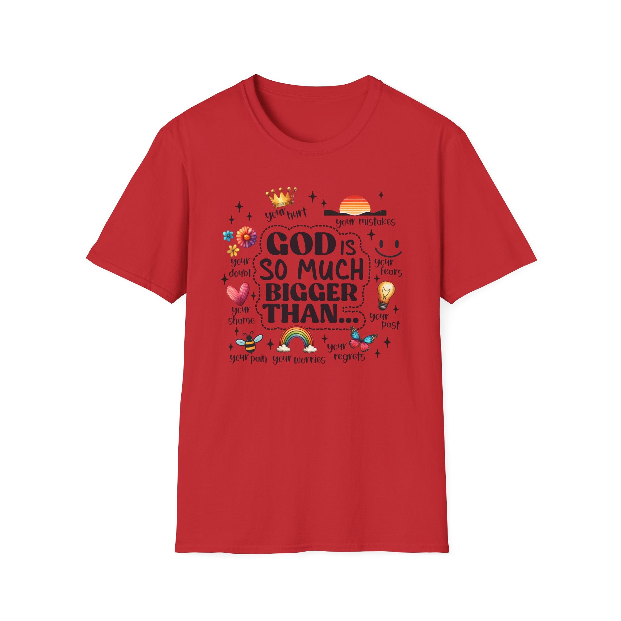 God Is So Much Bigger Than… T‑Shirt — Inspirational Christian Faith Tee with Cute Icons