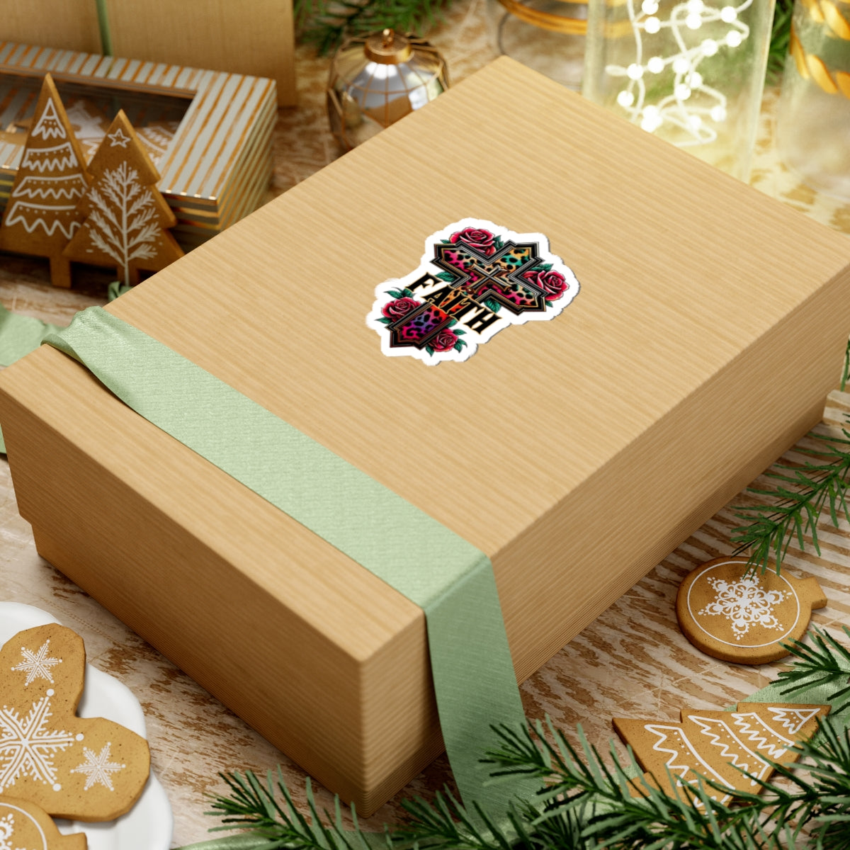 Faith Leopard Cross Kiss-Cut Sticker — Floral Rose Christian Decal