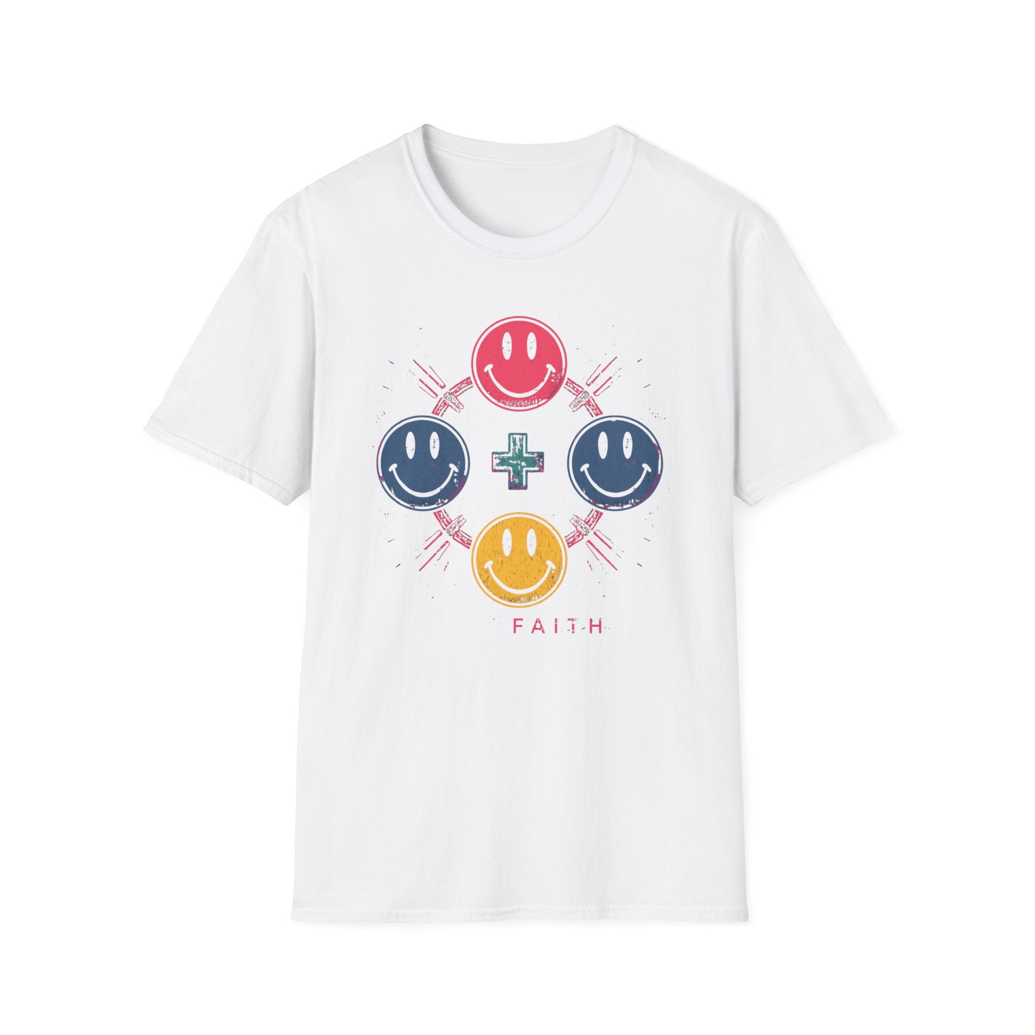 Faith Smiley Cross T-Shirt — Colorful Retro Smile Faces Graphic Tee