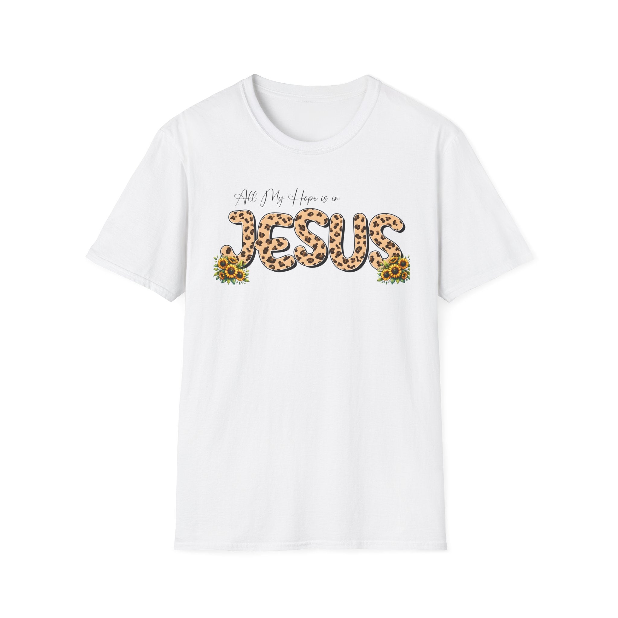 Jesus Leopard Print T-Shirt — "All My Hope Is In Jesus" Floral Faith Tee