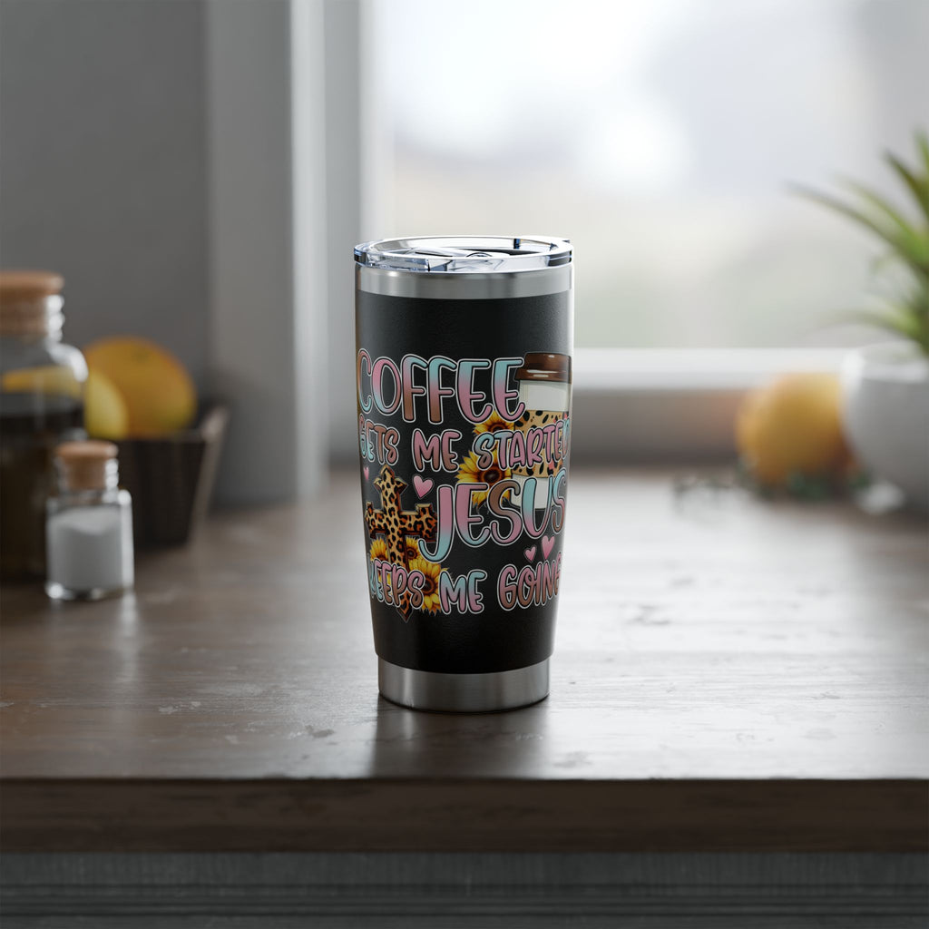 20oz Travel Tumbler — “Coffee Gets Me Through Keeping” Leopard & Coffee Cup Design