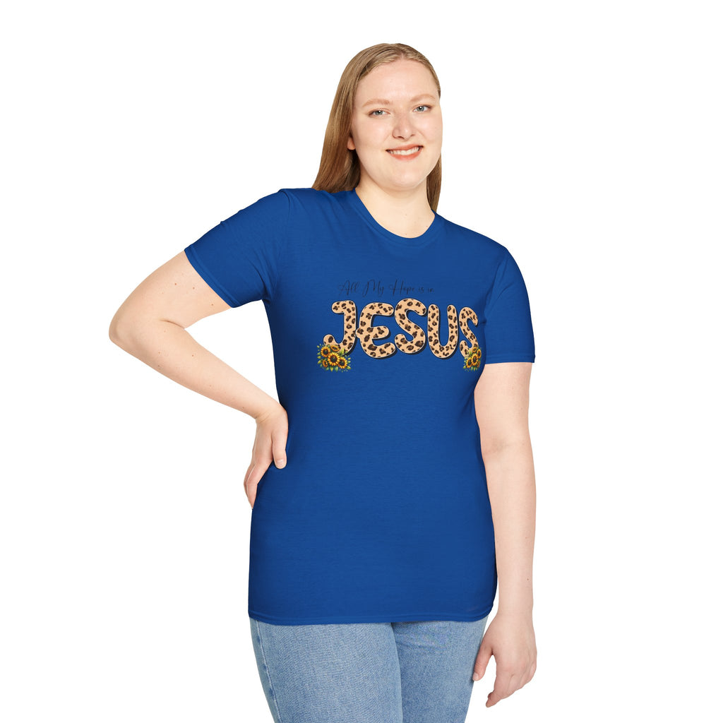 Jesus Leopard Print T-Shirt — "All My Hope Is In Jesus" Floral Faith Tee