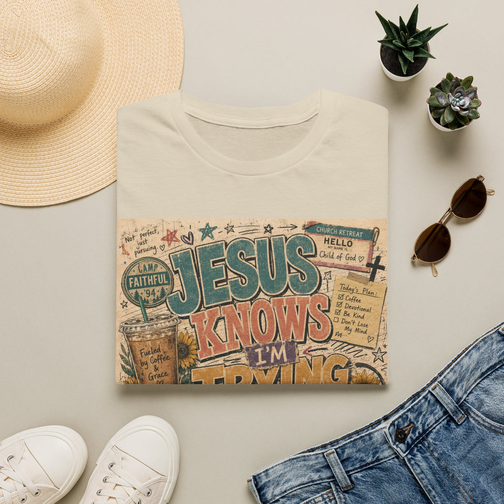 Jesus Knows I’m Trying T-Shirt — Christian Faith Graphic Tee