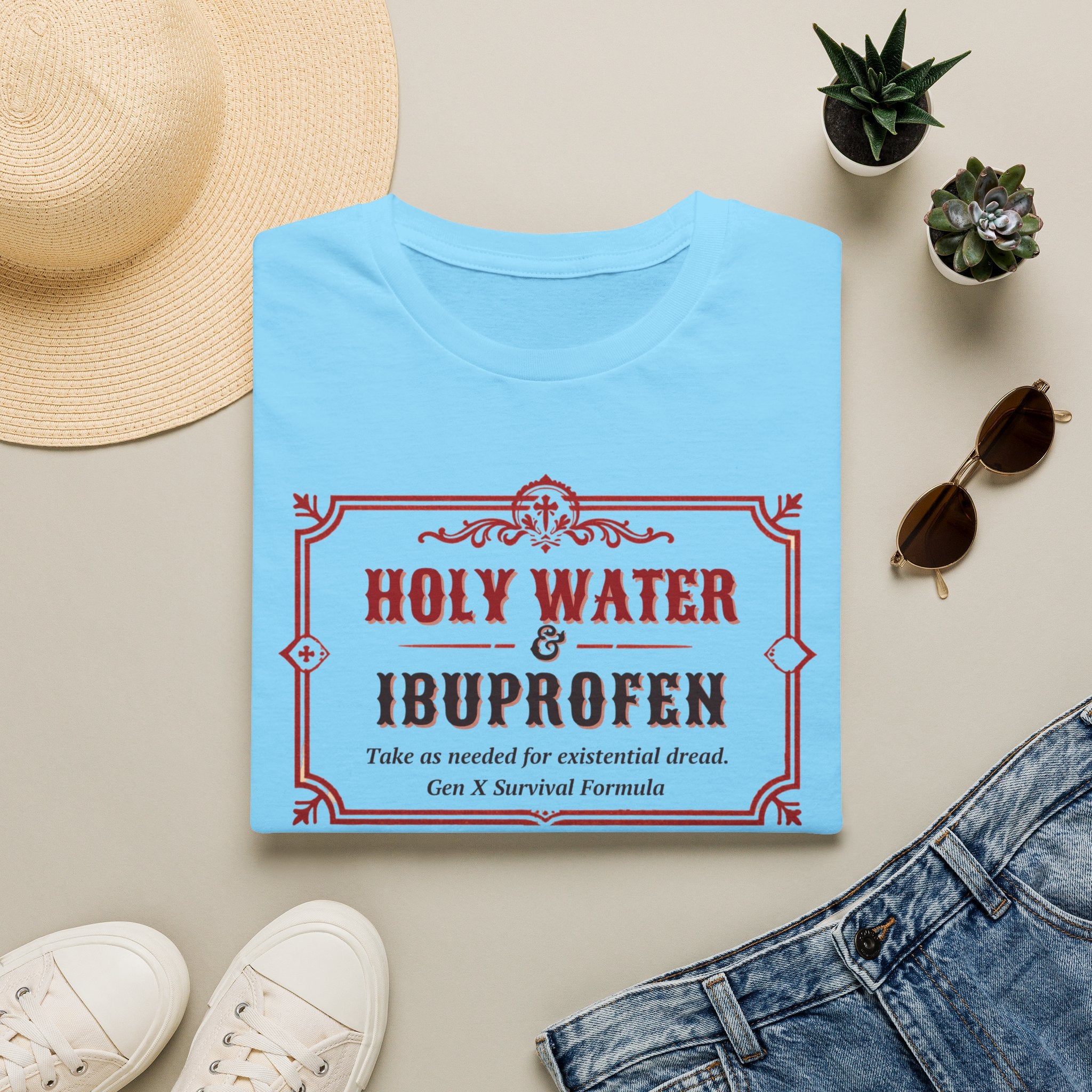 Holy Water & Ibuprofen T-Shirt — Funny Gen X Survival Tee