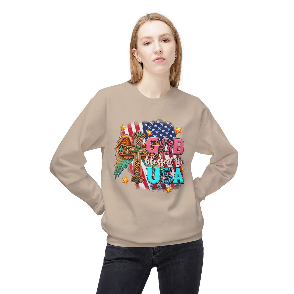 God Blessed the USA Crewneck Sweatshirt — Patriotic Christian American Flag Design
