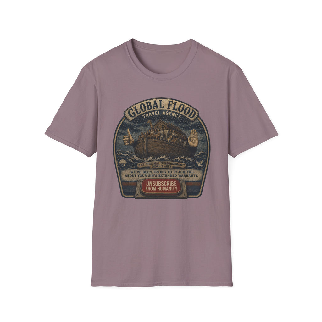 Global Flood Travel Badge T-Shirt – Vintage Ark Graphic Tee ("Unsubscribe from Humanity")