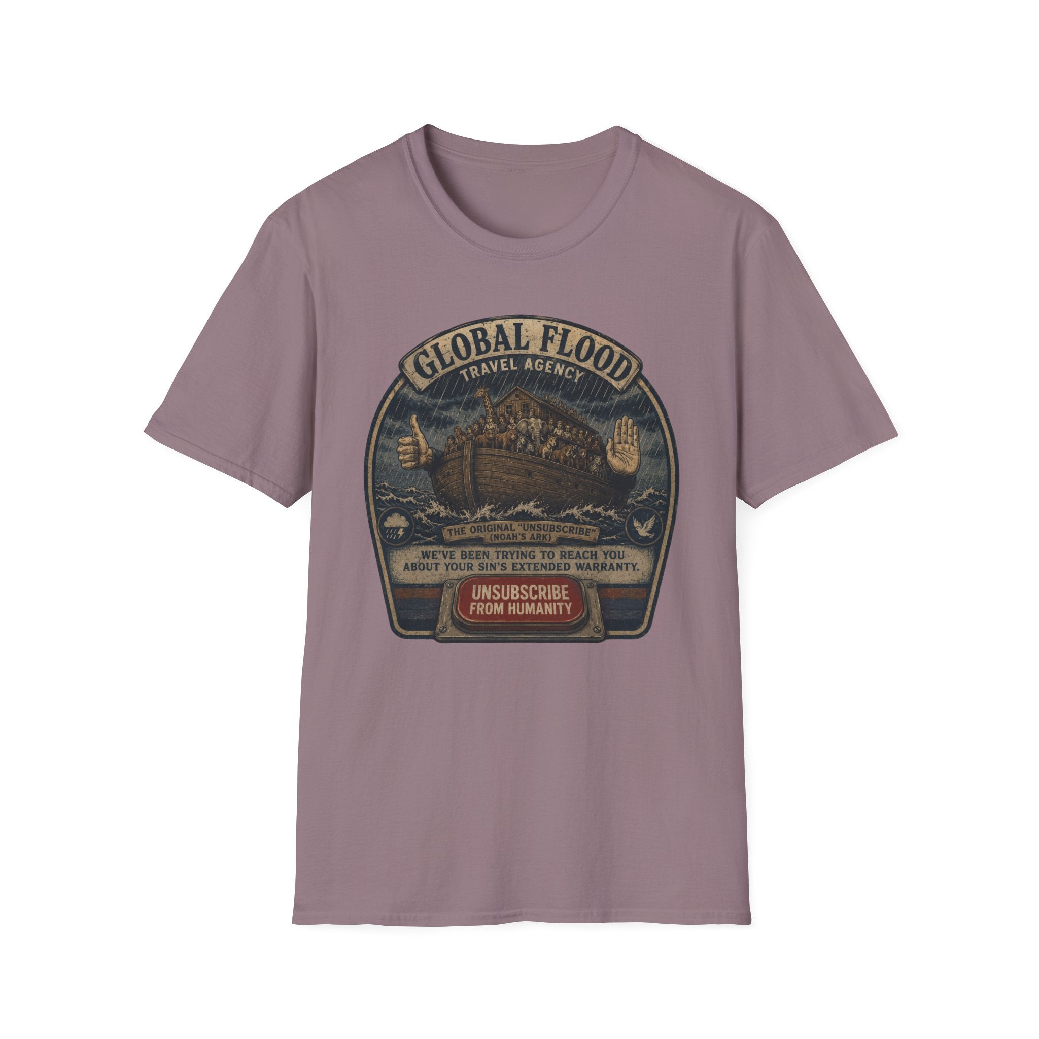 Global Flood Travel Badge T-Shirt – Vintage Ark Graphic Tee ("Unsubscribe from Humanity")