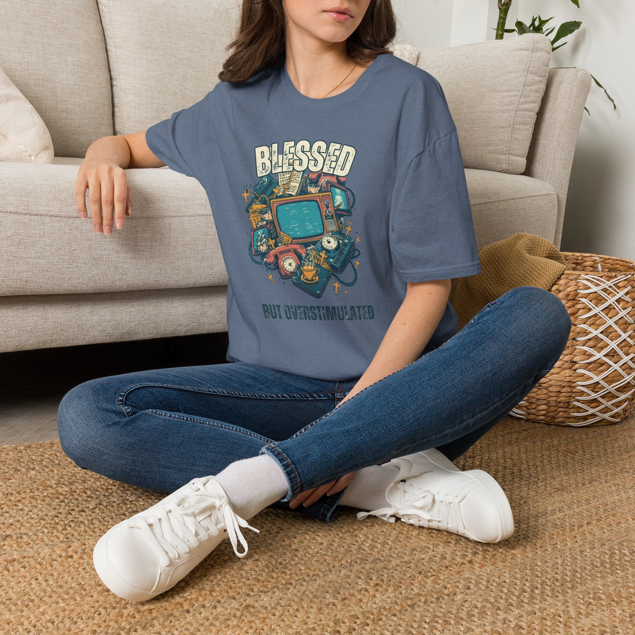 Blessed But Overstimulated T-Shirt — Retro Cozy Graphic Tee for Busy Moms & Millennials