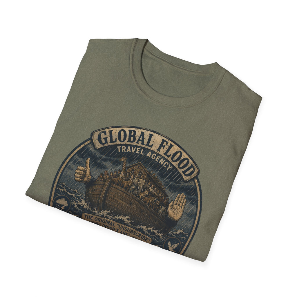 Global Flood Travel Badge T-Shirt – Vintage Ark Graphic Tee ("Unsubscribe from Humanity")