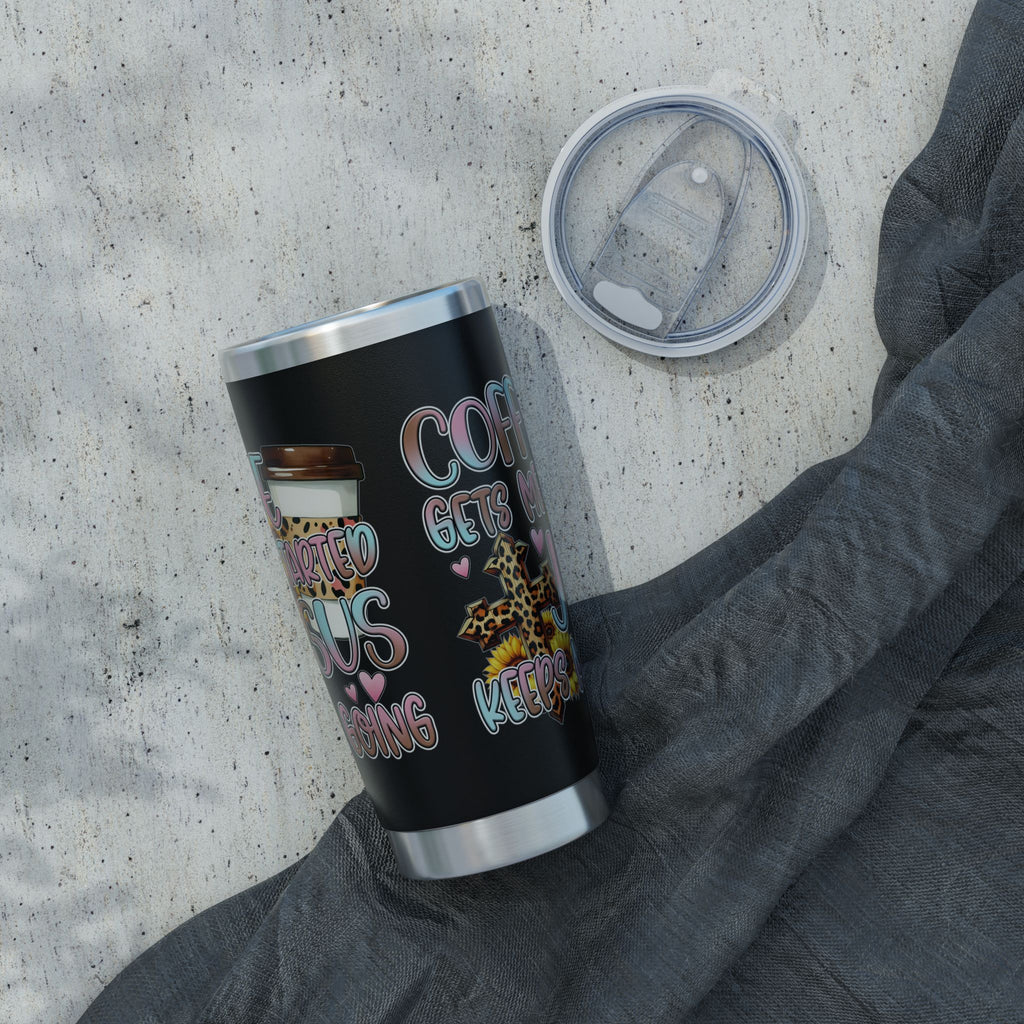 20oz Travel Tumbler — “Coffee Gets Me Through Keeping” Leopard & Coffee Cup Design