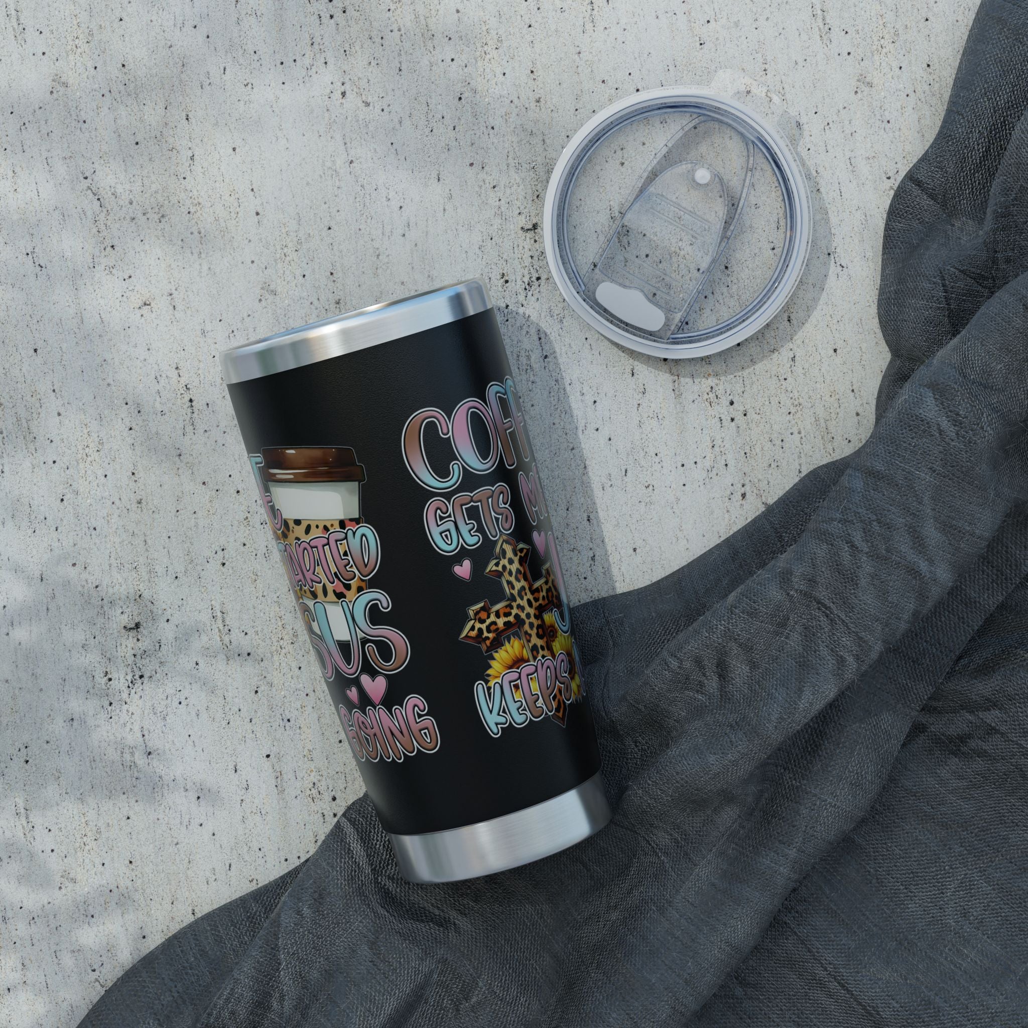 20oz Travel Tumbler — “Coffee Gets Me Through Keeping” Leopard & Coffee Cup Design