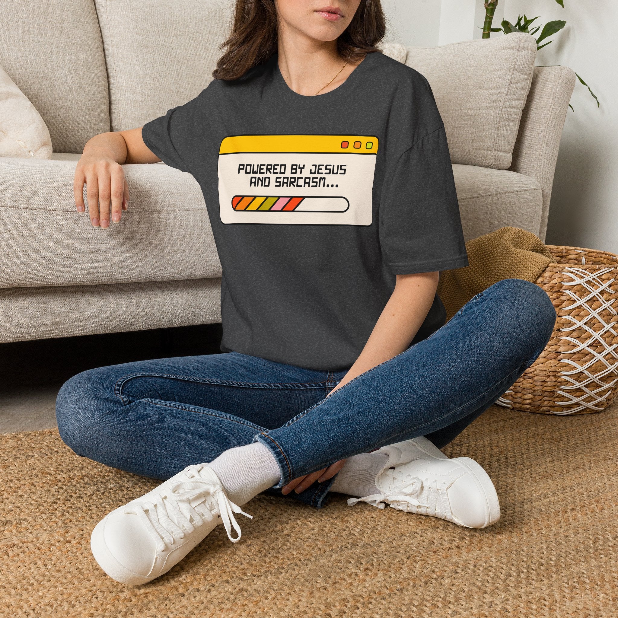 T-Shirt — "Powered by Jesus and Sarcasm" Graphic Tee