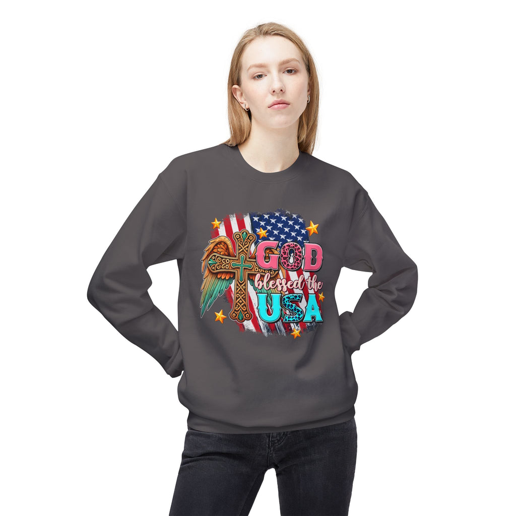 God Blessed the USA Crewneck Sweatshirt — Patriotic Christian American Flag Design