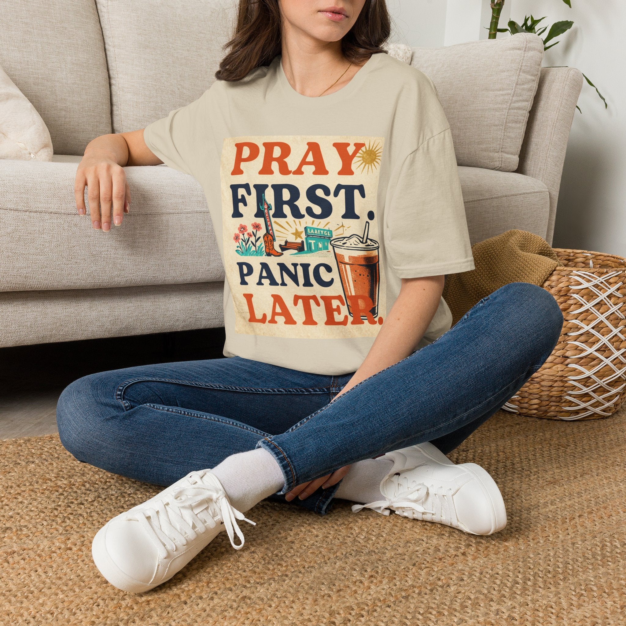 Pray First, Panic Later T-Shirt — Vintage Faith Graphic Tee