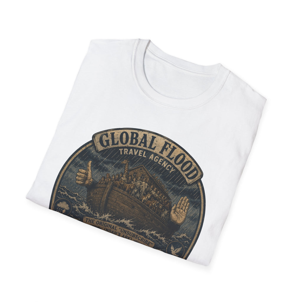 Global Flood Travel Badge T-Shirt – Vintage Ark Graphic Tee ("Unsubscribe from Humanity")