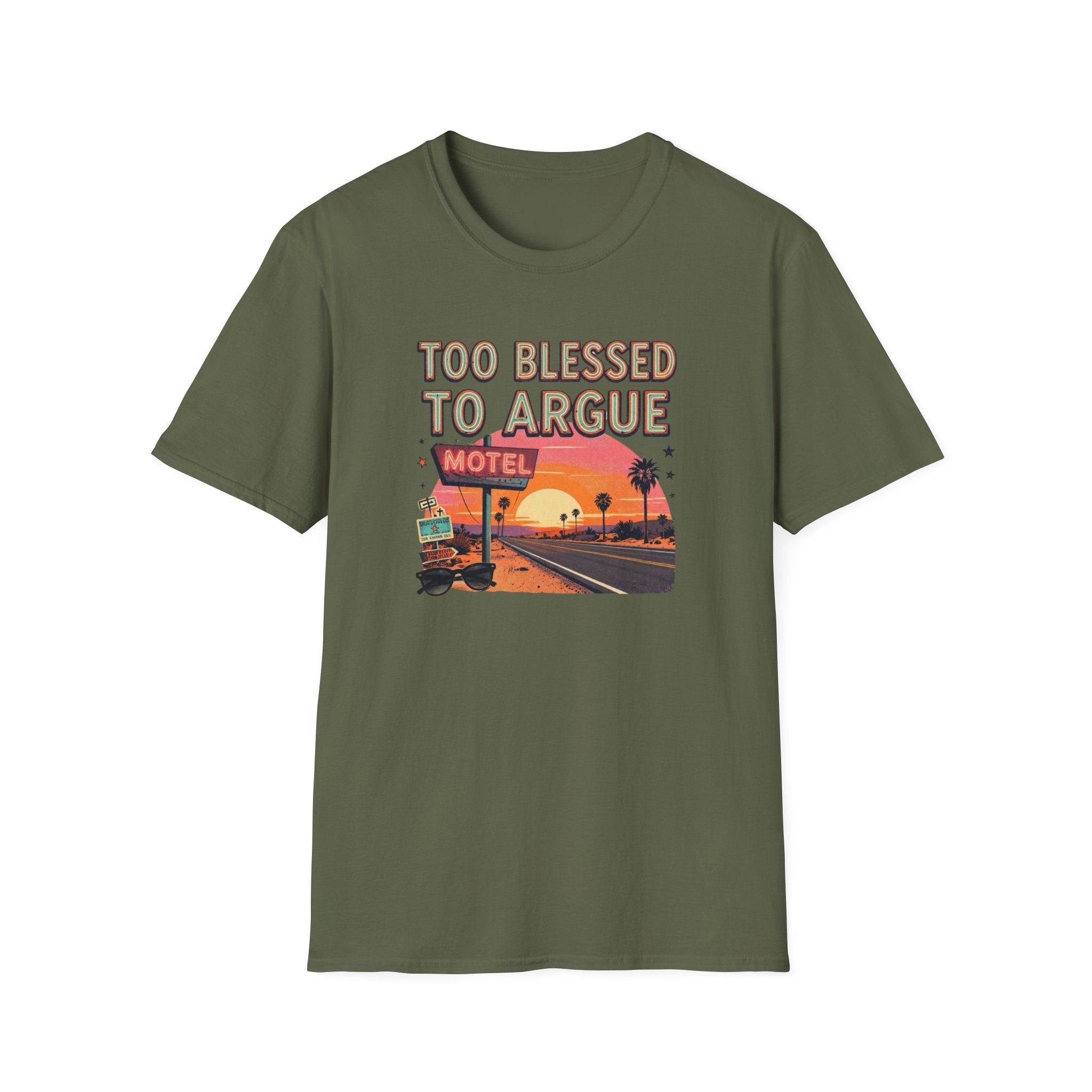 Too Blessed to Argue T-Shirt — Retro Sunset Motel Graphic