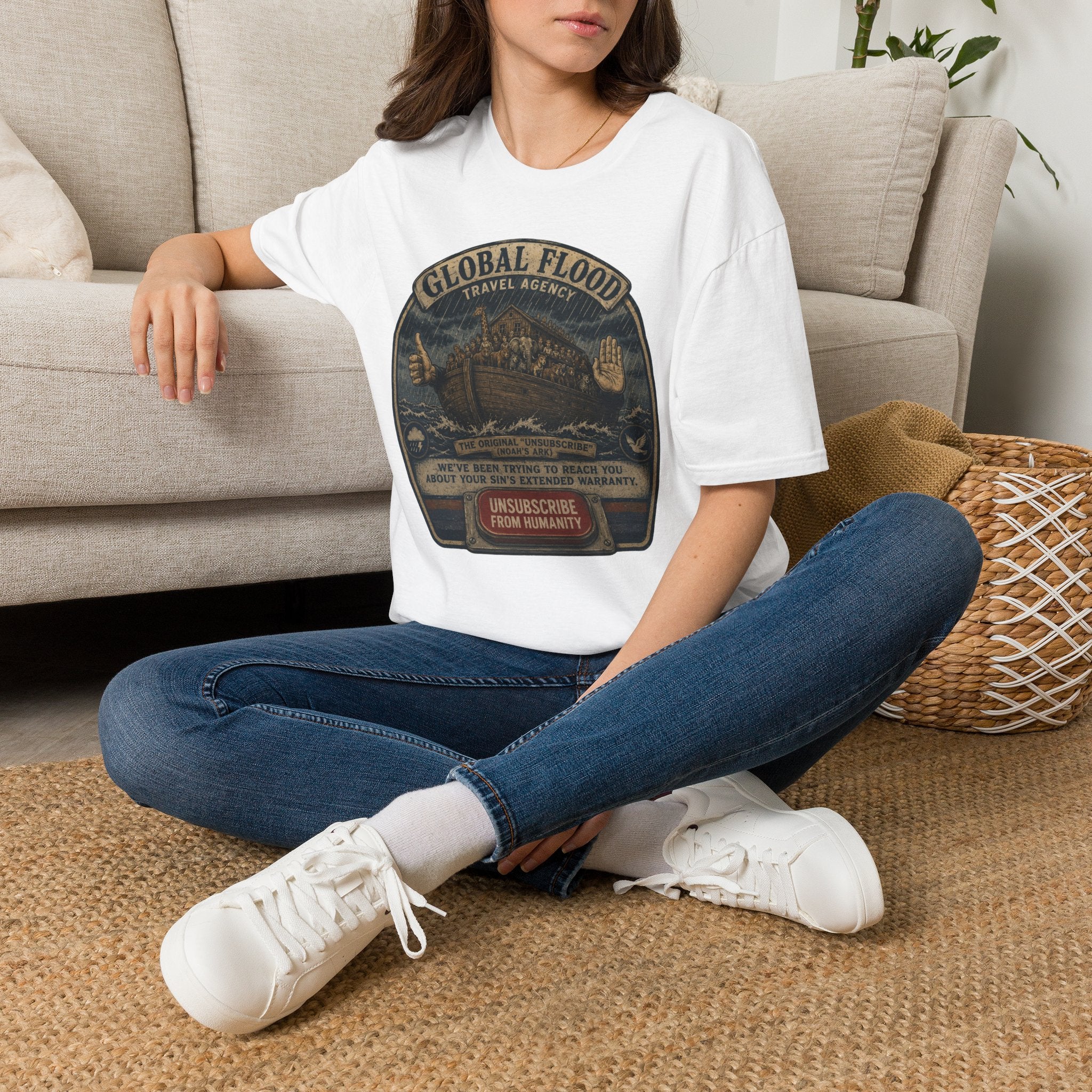Global Flood Travel Badge T-Shirt – Vintage Ark Graphic Tee ("Unsubscribe from Humanity")