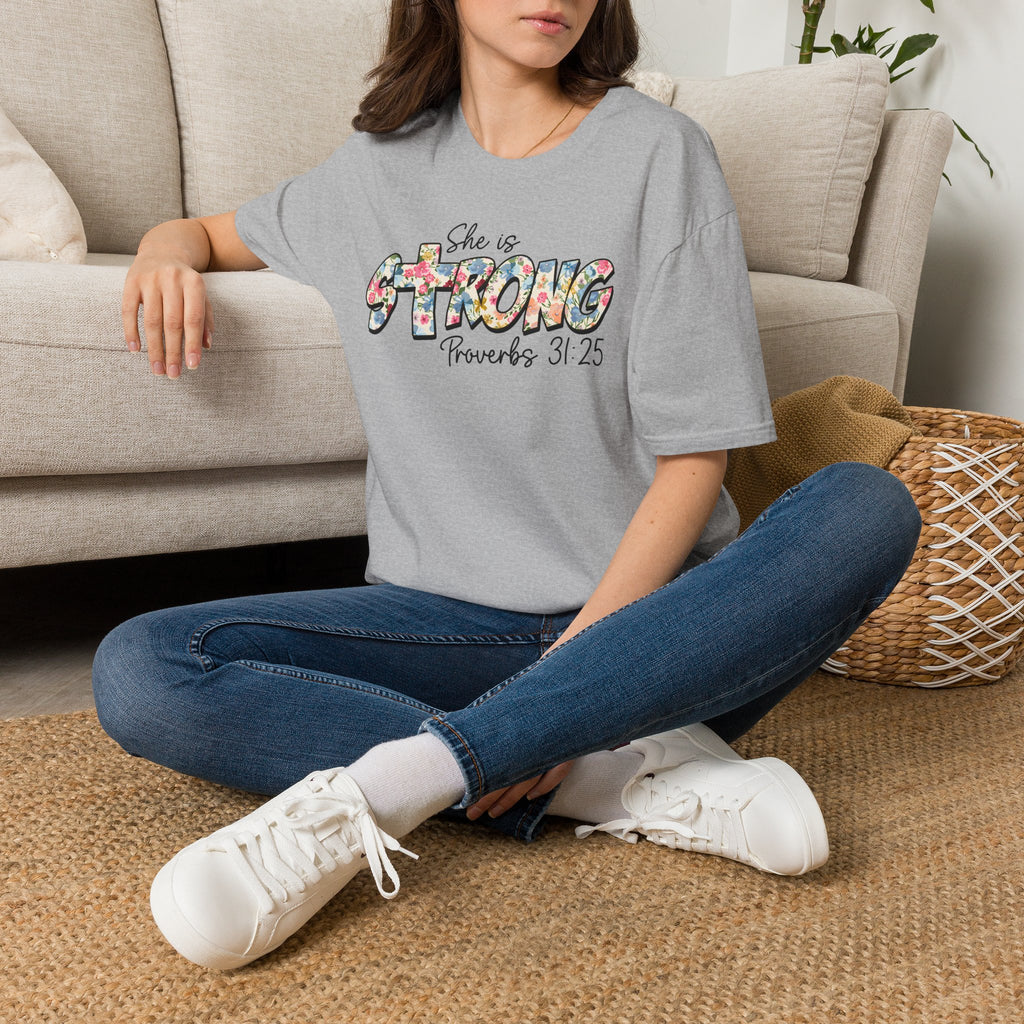She Is Strong Floral T‑Shirt — Proverbs 31:25 Inspirational Women’s Tee