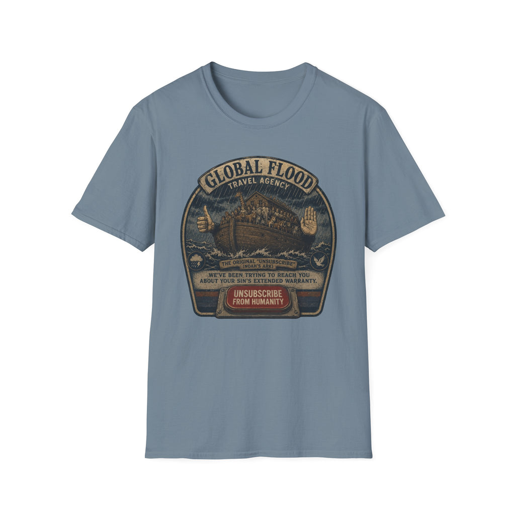 Global Flood Travel Badge T-Shirt – Vintage Ark Graphic Tee ("Unsubscribe from Humanity")