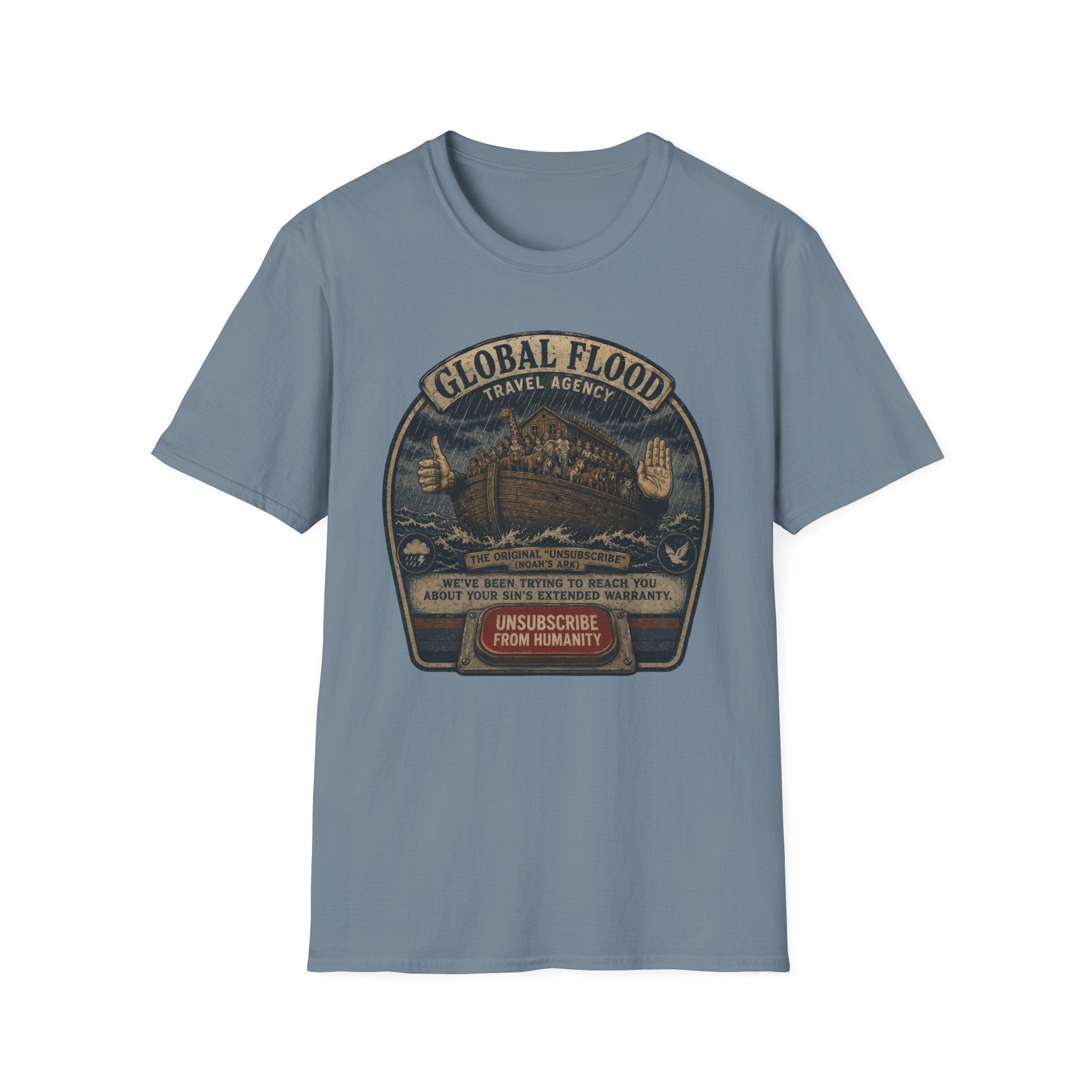 Global Flood Travel Badge T-Shirt – Vintage Ark Graphic Tee ("Unsubscribe from Humanity")