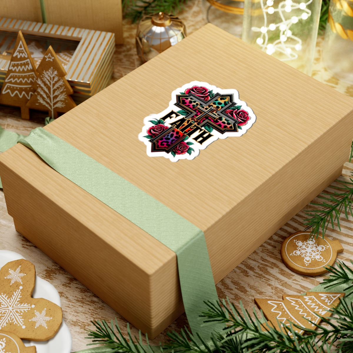 Faith Leopard Cross Kiss-Cut Sticker — Floral Rose Christian Decal