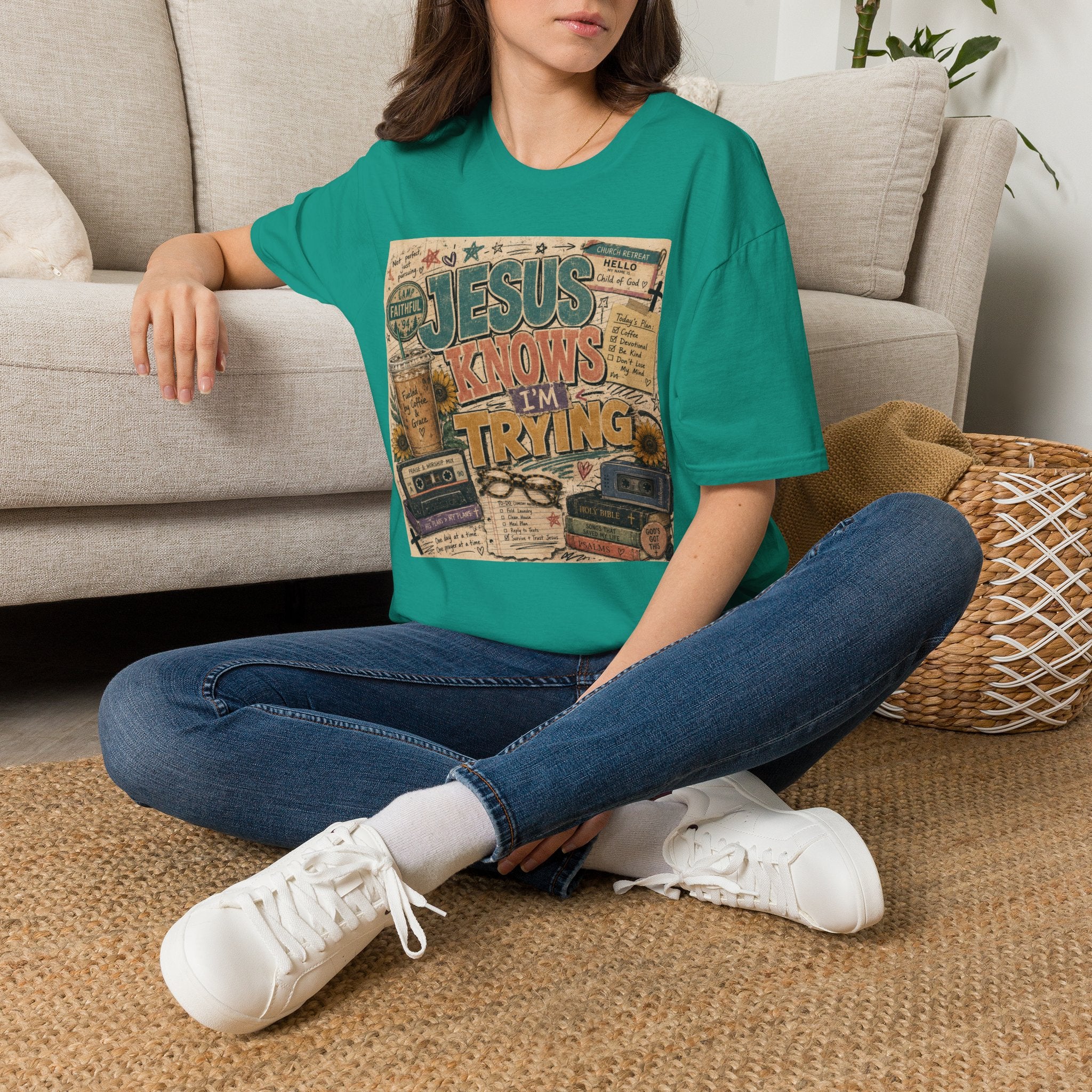 Jesus Knows I’m Trying T-Shirt — Christian Faith Graphic Tee