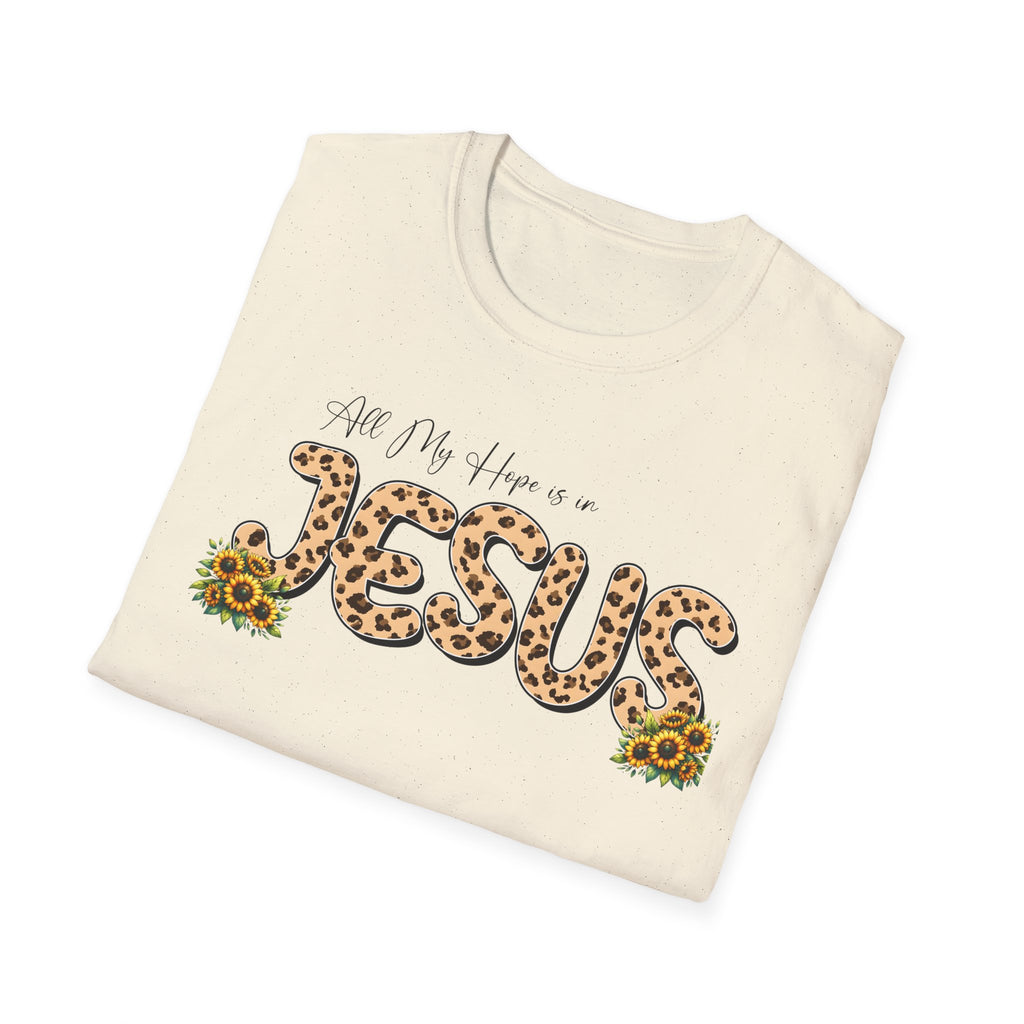 Jesus Leopard Print T-Shirt — "All My Hope Is In Jesus" Floral Faith Tee
