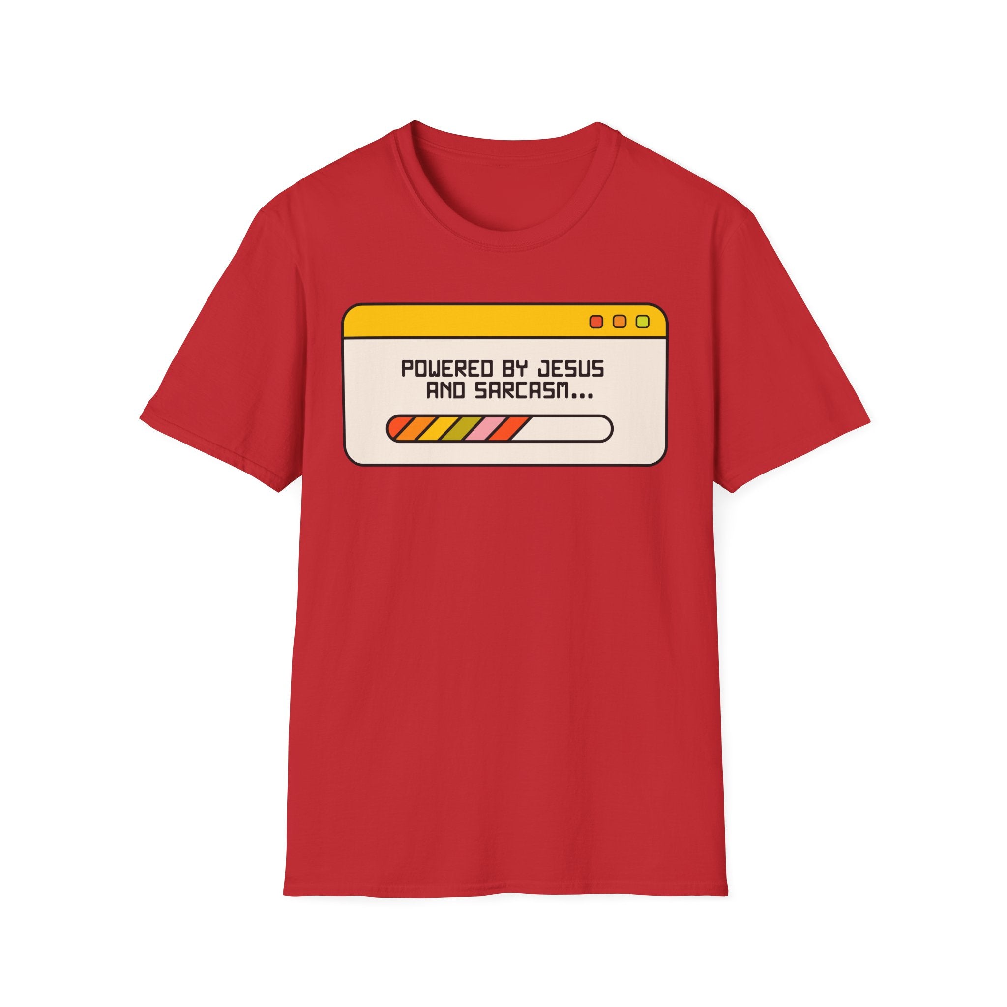 T-Shirt — "Powered by Jesus and Sarcasm" Graphic Tee