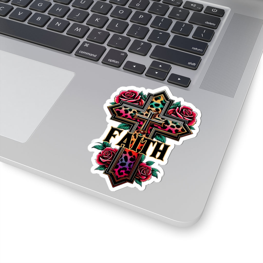 Faith Leopard Cross Kiss-Cut Sticker — Floral Rose Christian Decal