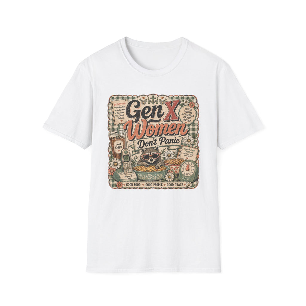 Gen X Women Don't Panic T-Shirt — Retro Raccoon Vintage Graphic Tee