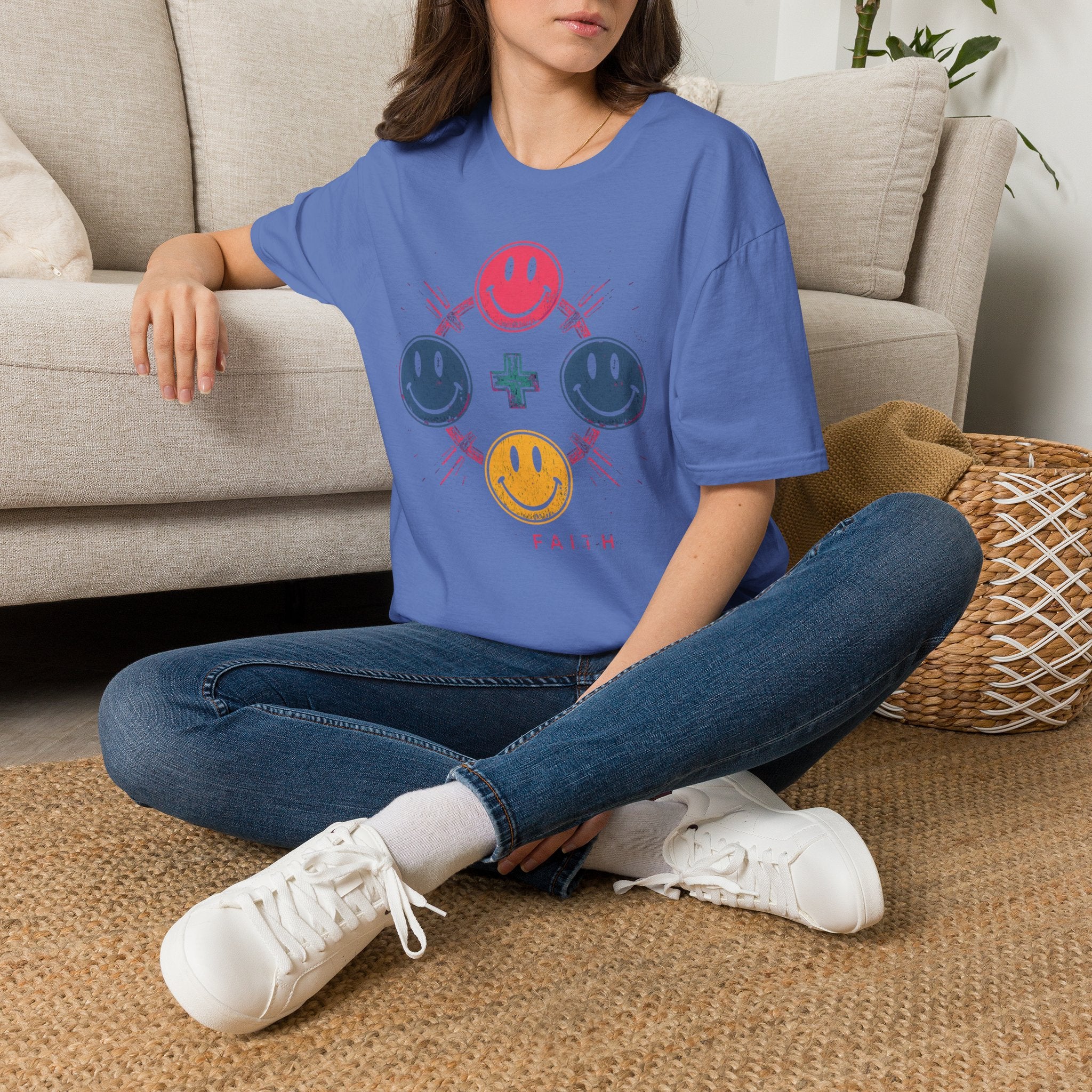 Faith Smiley Cross T-Shirt — Colorful Retro Smile Faces Graphic Tee