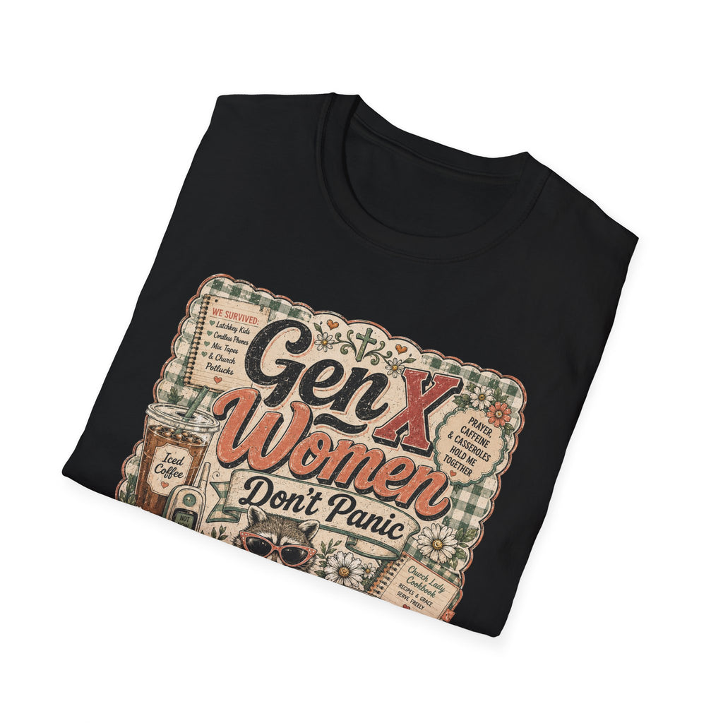 Gen X Women Don't Panic T-Shirt — Retro Raccoon Vintage Graphic Tee