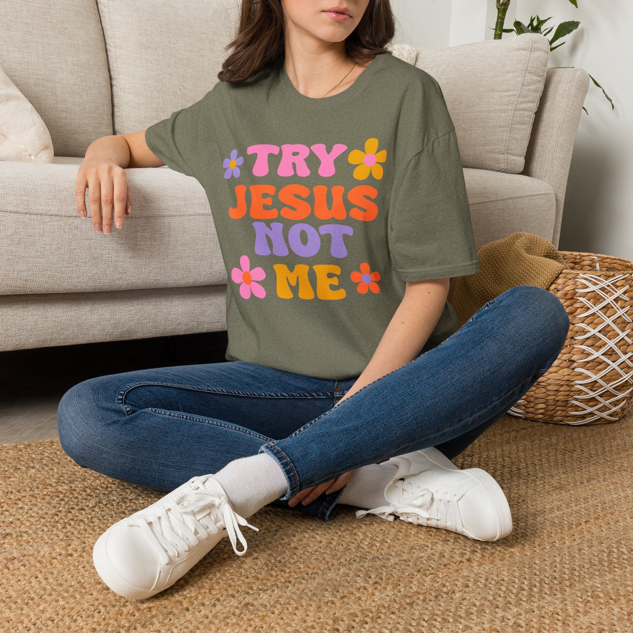 Try Jesus Not Me T-Shirt — Retro Floral Christian Tee