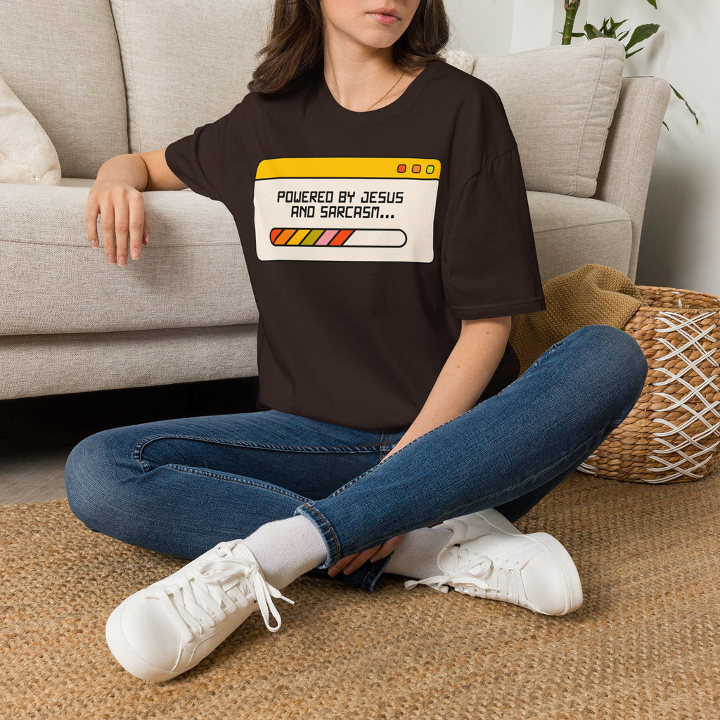 T-Shirt — "Powered by Jesus and Sarcasm" Graphic Tee