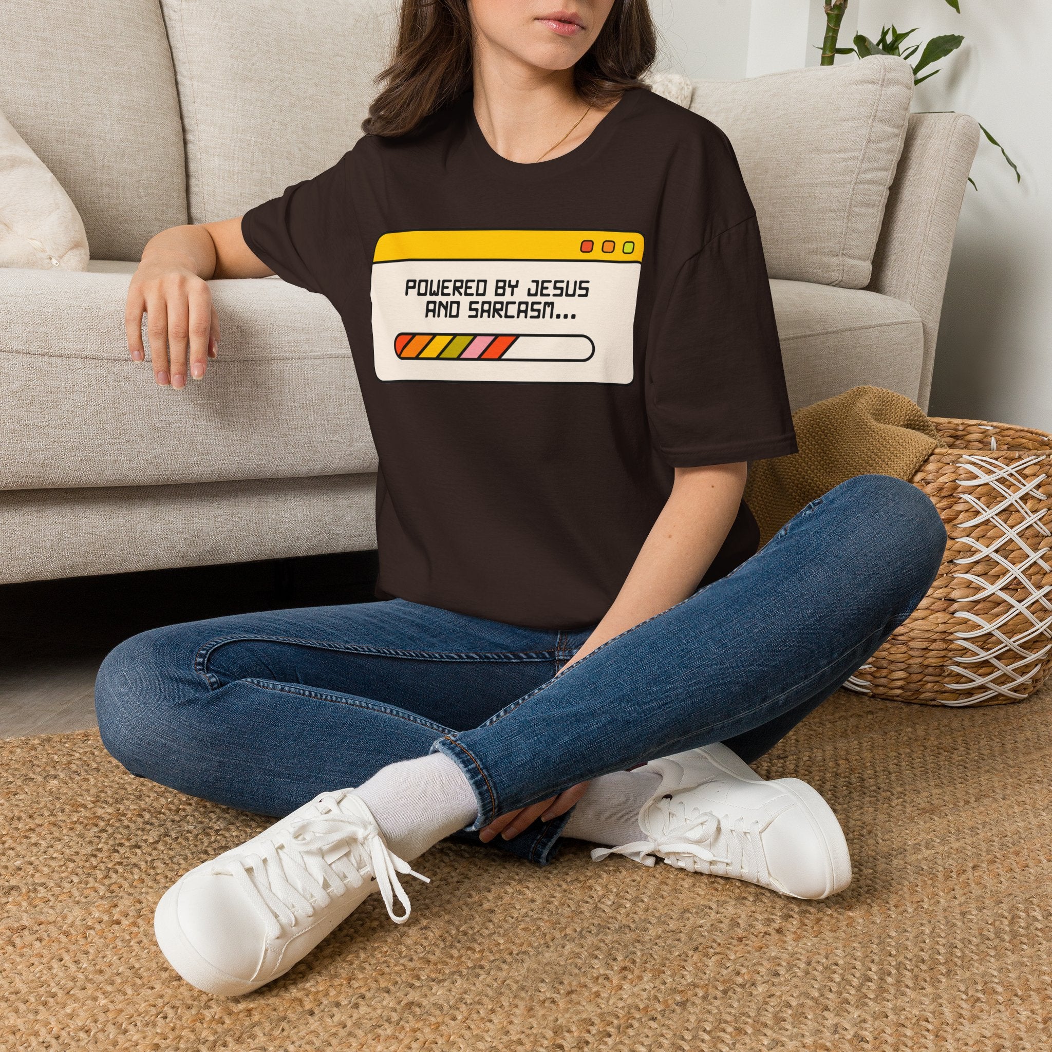 T-Shirt — "Powered by Jesus and Sarcasm" Graphic Tee