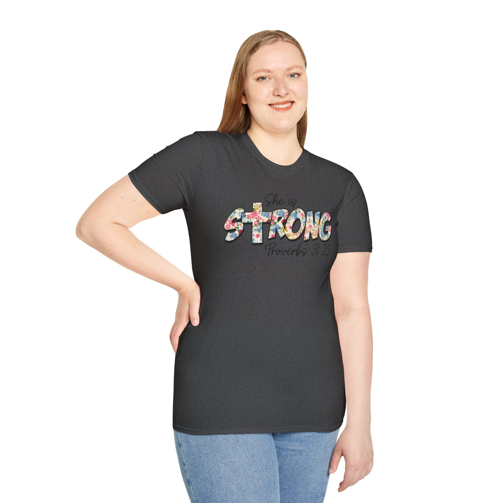 She Is Strong Floral T‑Shirt — Proverbs 31:25 Inspirational Women’s Tee