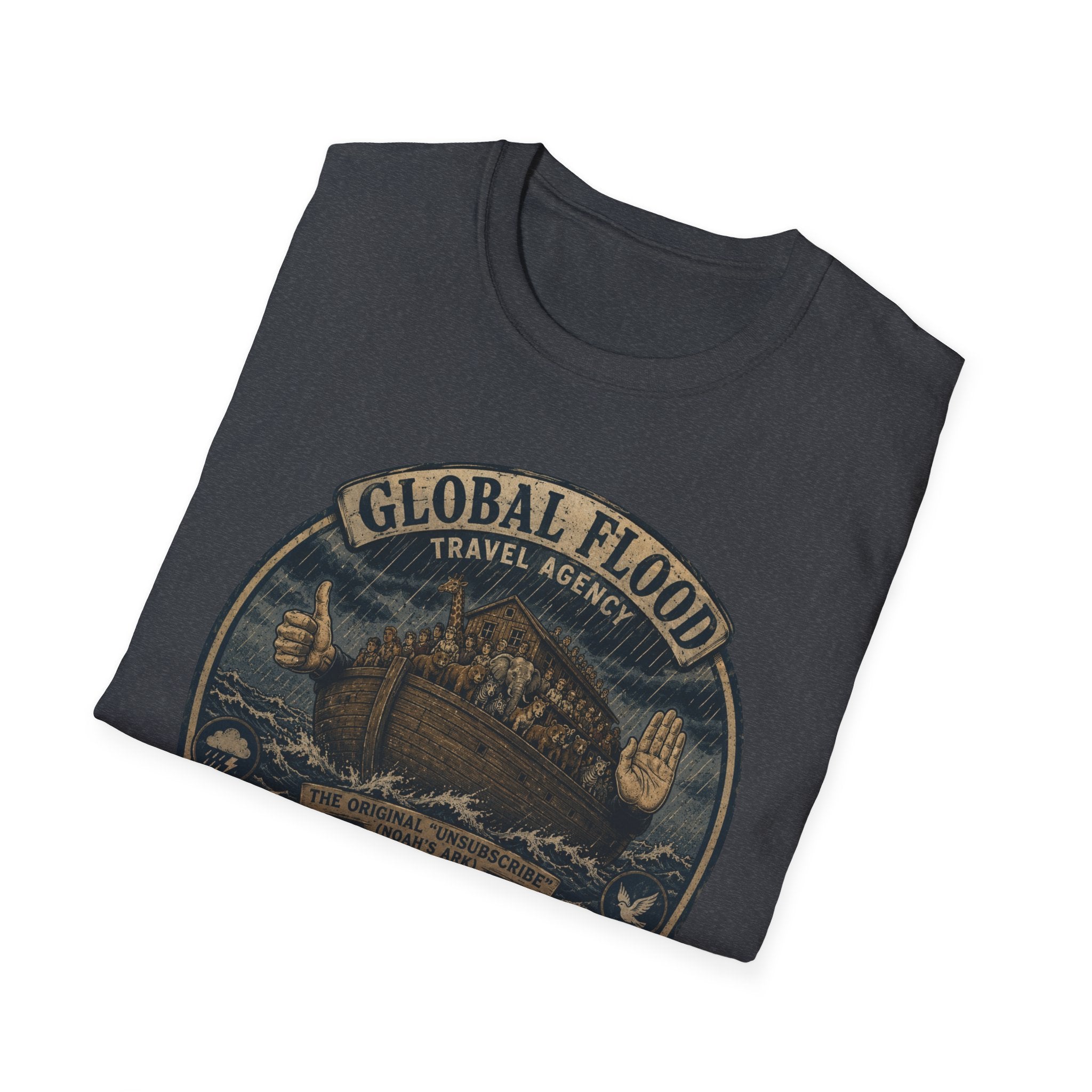 Global Flood Travel Badge T-Shirt – Vintage Ark Graphic Tee ("Unsubscribe from Humanity")