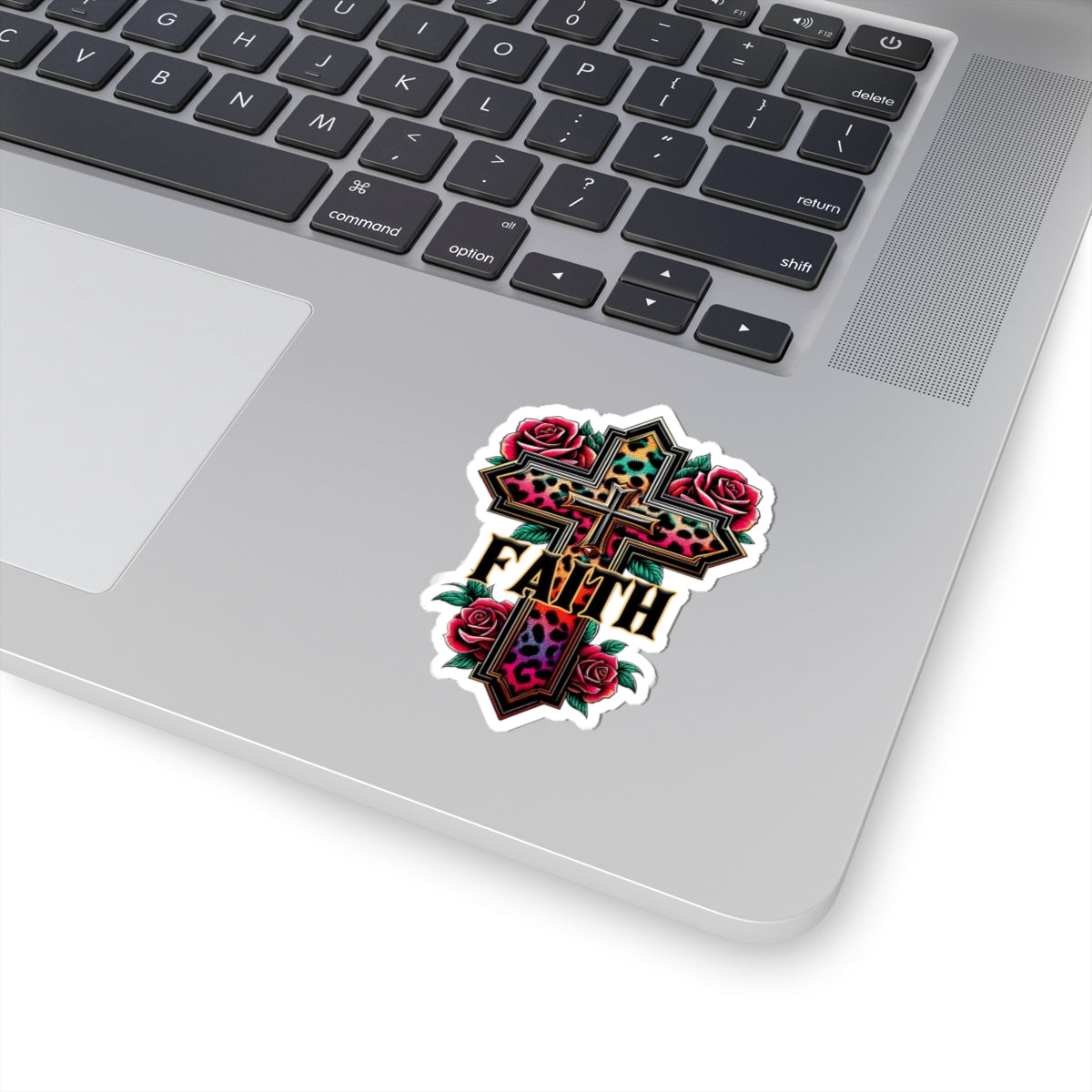 Faith Leopard Cross Kiss-Cut Sticker — Floral Rose Christian Decal