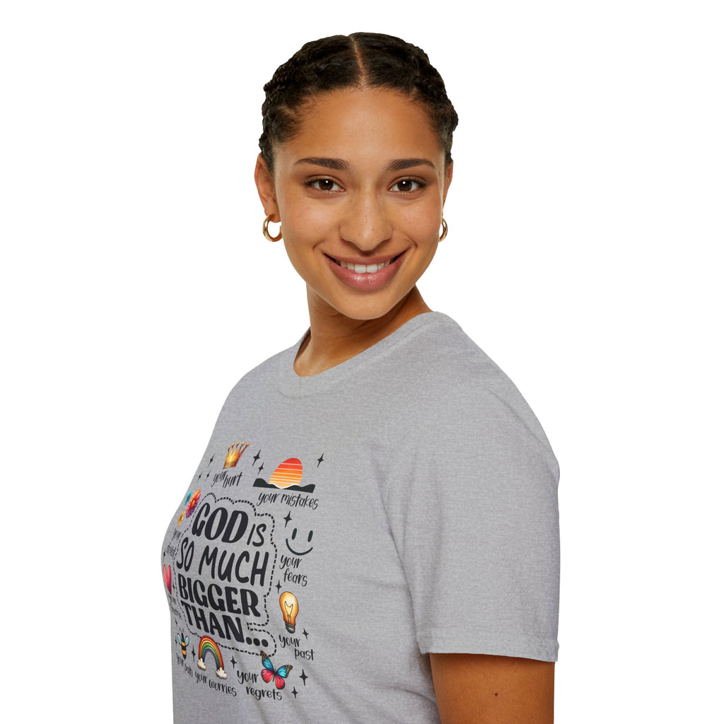 God Is So Much Bigger Than… T‑Shirt — Inspirational Christian Faith Tee with Cute Icons