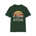 Christian T-Shirt — "God’s Still Working on My Attitude" Retro Sun Graphic