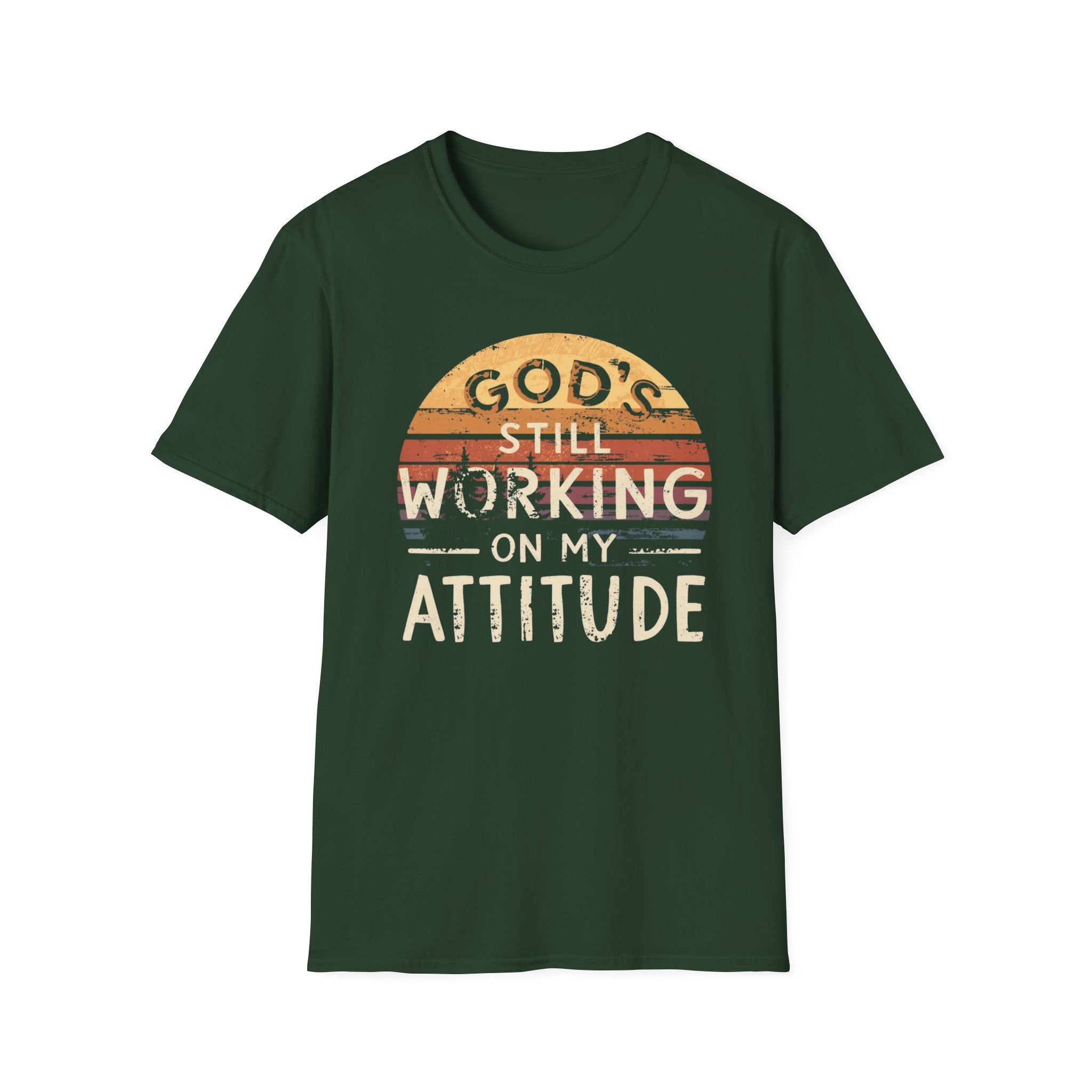 Christian T-Shirt — "God’s Still Working on My Attitude" Retro Sun Graphic