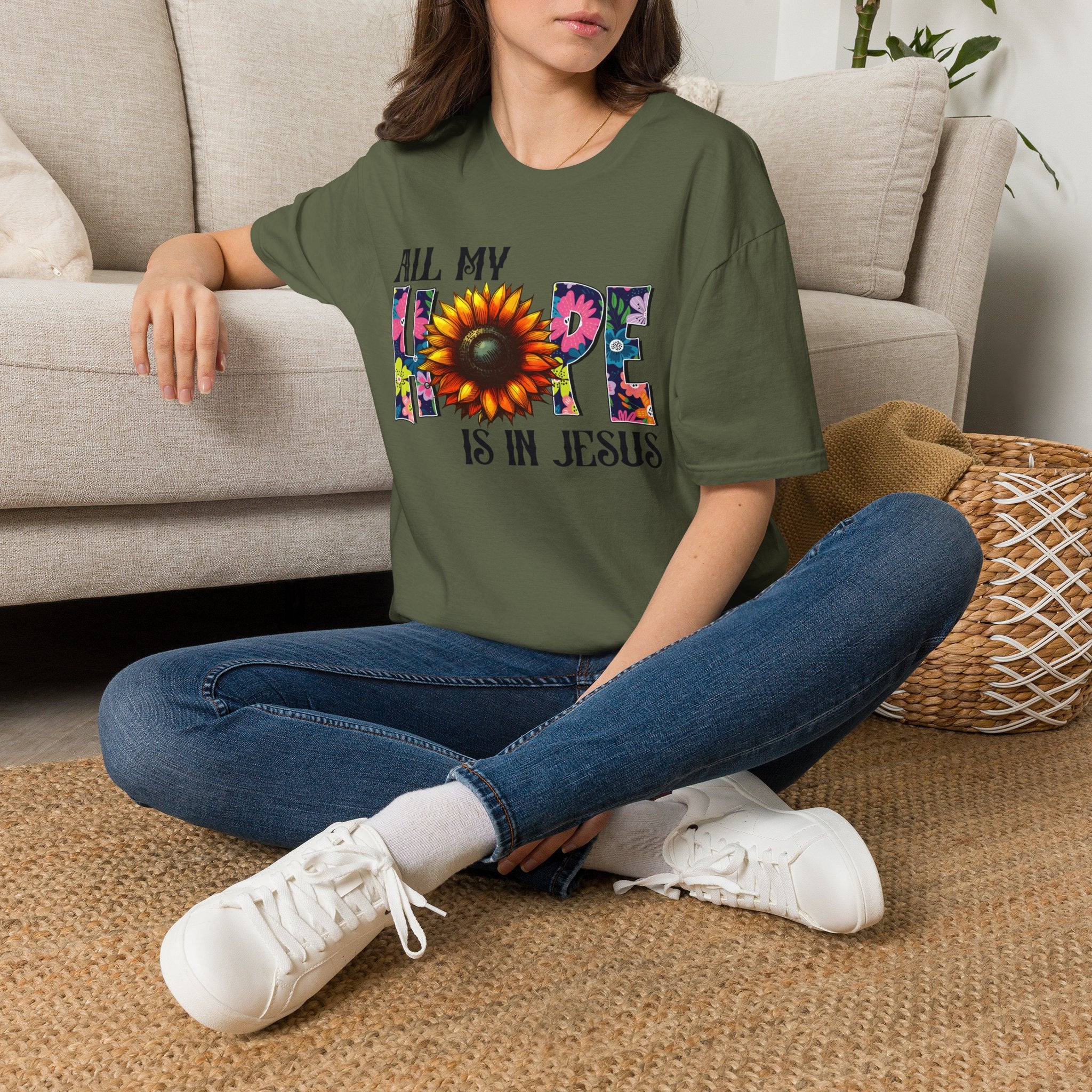 Faith T-Shirt — “All My Hope Is In Jesus” Sunflower Floral Design