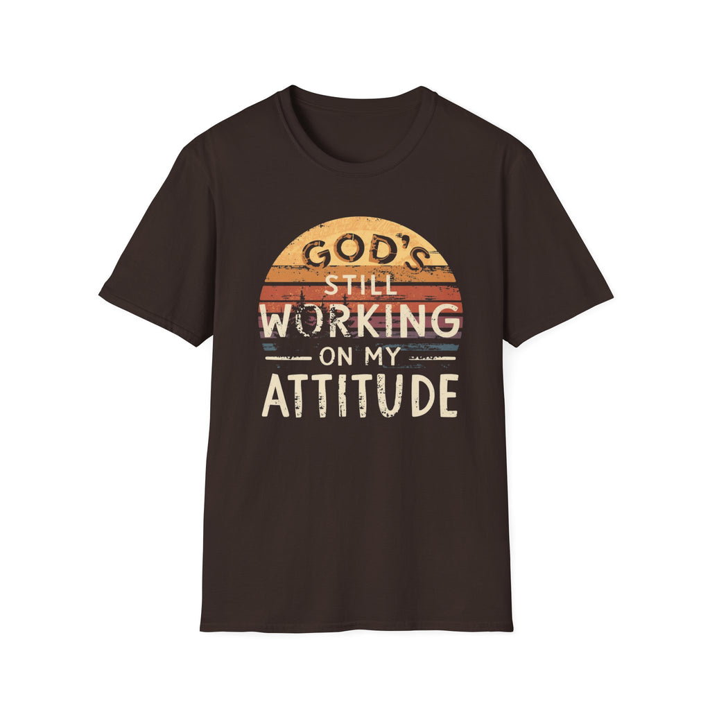 Christian T-Shirt — "God’s Still Working on My Attitude" Retro Sun Graphic