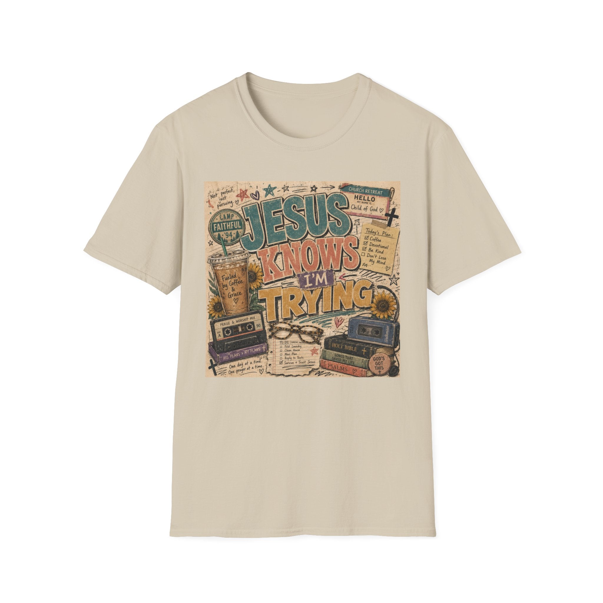 Jesus Knows I’m Trying T-Shirt — Christian Faith Graphic Tee