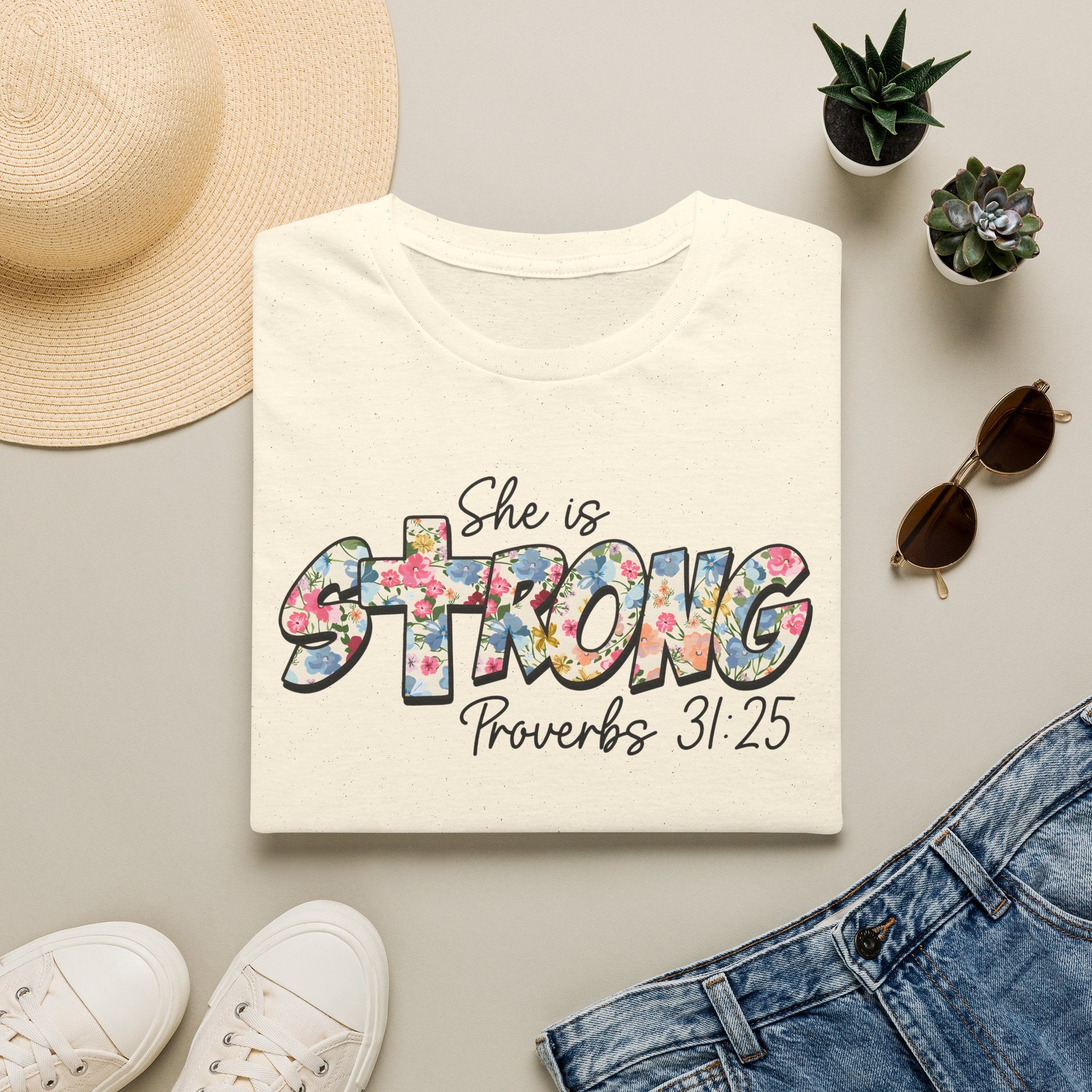 She Is Strong Floral T‑Shirt — Proverbs 31:25 Inspirational Women’s Tee