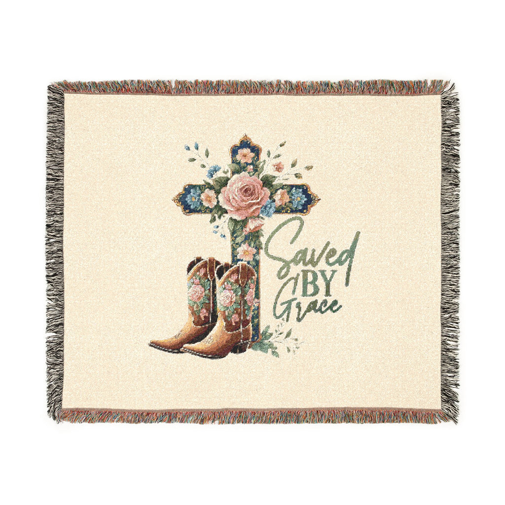 Saved By Grace Woven Blanket — Floral Cross & Cowboy Boots Throw