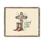 Saved By Grace Woven Blanket — Floral Cross & Cowboy Boots Throw